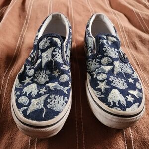 Vans Kids Navy Blue Slip-On Sneakers with Cream Sea Life Print